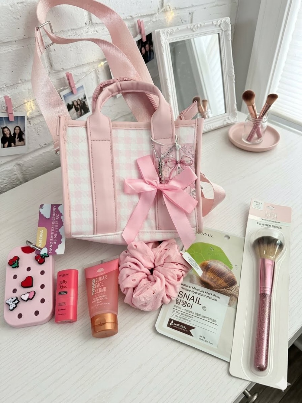 Pink Gingham Cosmetic Tote with Bow Accent and self care products! Pink theme